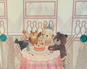 Whimsical birthday design featuring watercolor animals around table with birthday cake and party hats in bowling alley 