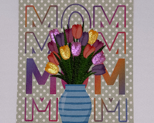 Green polka dot card featuring blue vase of tulips with the words MOM spelled out in rainbow colors over the design