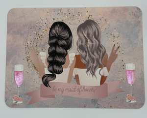 2 best friends one brunette one blonde with pink champagne gold confetti, be my maid of honor?