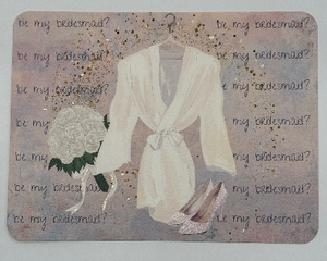 Bridesmaid invitation with white robe, high heels, and floral bouquet. Surrounded by gold confetti.