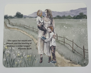 Mother’s Day card featuring scripture with mother in field holding 2 children boy and girl surrounded by yellow flowers and wooden fence