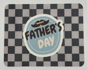 Dark checkered Father’s Day card with mustache, iridescent accents 