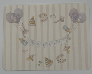 Elegant unisex baby shower peaches in cream striped design with cream balloons and banner reading oh baby