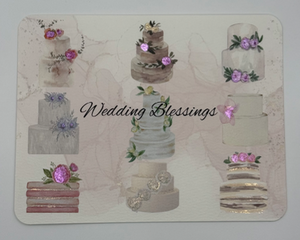 Watercolor wedding shower card featuring wedding cake designs adorned with iridescent paint, wedding blessings text across center of design