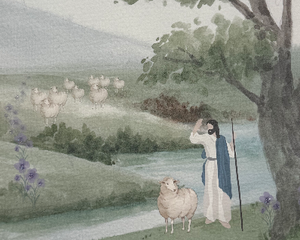 Watercolor Jesus 8x8 wall art featuring field of purple flowers, and going after the one lost sheep
