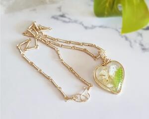 Real Phlox Flower with Fern and Gold Leaf in Resin Gold Colored Sterling Silver Necklace