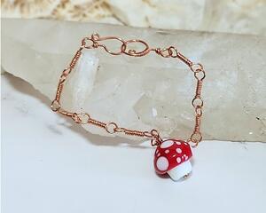 Red Amanita Muscaria Lampwork Glass Mushroom Copper Wire Wrapped Bracelet
