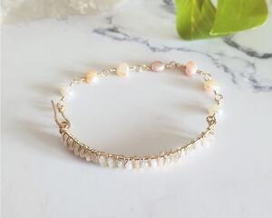 14k Gold Wire Wrapped Moonstone and Pearl Bracelet