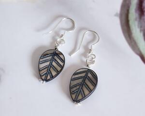 Black Mother of Pearl Sterling Silver Leaf Earrings