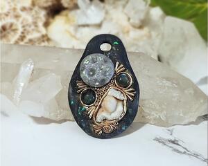Labradorite and Druzy Quartz Polymer Clay Full Moon Pendant