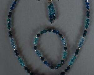 Cool Blue Ocean Set, necklace, bracelet, earrings with shades of blue glass beads, crystals with silver accent beads.