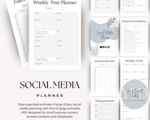 Social media planner PDF layout featuring various planning pages such as Weekly Post Planner, Followers Growth, and Monthly Trends