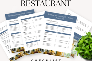 A restaurant opening & closing checklist displayed with various tasks categorized for back of house staff, front of house, & management.