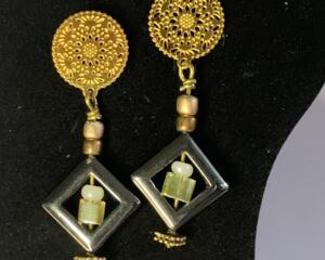 Natural hematite stone and glass beads, wire wrapped decorative head pin, and statement stainless steel ear studs loop butterfly backers.