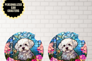 Custom stained glass dog car coaster with pet name. 
Set of 2 ceramic dog coasters with vibrant design