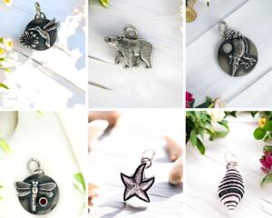 silver charms including hummingbird, bear, raven, dragonfly, starfish, shell, all for jewelry designers/ makers