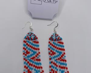 Beaded Fringe Statement Earrings Handmade Unique Design Red White Blue Colors Summer Festival Patriotic Fashion Jewelry Cascading Pattern