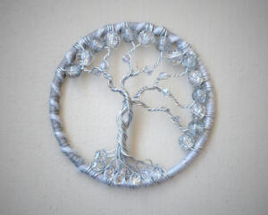 all silver 3inch tree of life, wrapped in yarn, features silver and gray glasss beads