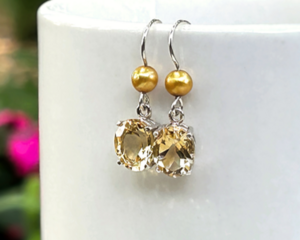 Citrine and gold cultured pearl earrings in sterling silver by MariesGems.