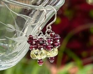 Lemon quartz and garnet cluster earrings in sterling silver by MariesGems.