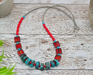 19-20" necklace with rough turquoise rondelle beads and red Czech glass squares, handmade with bold and earthy boho flair.