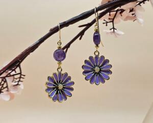 Purple enamel flower earrings with faceted amethyst beads and gold-filled handcrafted ear wires.