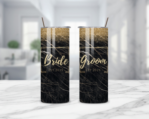 Bride and groom tumblers with gold glitter on black background, full set shown. Designed by Tammi Oribello Designs, in Lapeer Michigan
