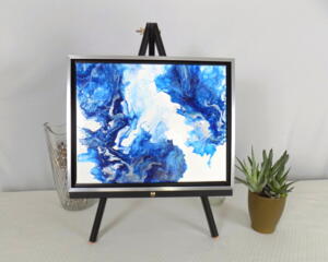 Blue and white acrylic pour painting with silver accents, 11" x 14" canvas in silver and black frame ready to hang by RainbowMaille