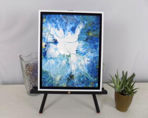 abstract white and blue acrylic pour painting, one of a kind framed 11" x 14" canvas by RainbowMaille