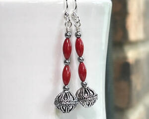 Red coral and silver ball earrings by MariesGems.