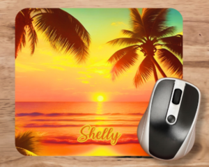 Personalized beach mouse pad with sunset, Tropical palm tree mouse pad with name, by Tammi Oribello Designs, handmade in Lapeer, Michigan