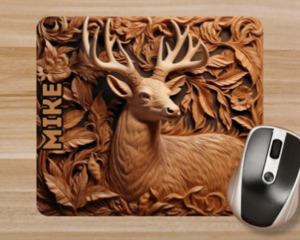 Close up details of a personalized brown faux leather deer mouse pad. Designed by Tammi Oribello Designs in her home studio in Lapeer, MI