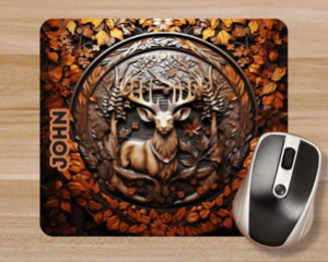 Close up of dark brown faux leather deer mouse pad. Rustic leather look deer in woods desk accessory. Created by Tammi Oribello Designs