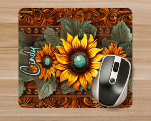 Personalized sunflower faux leather mouse pad close-up