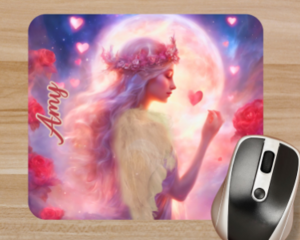 Close-up of personalized fairy mouse pad with name.  Personalized fairy mouse pad with white wings moon and pink flowers
