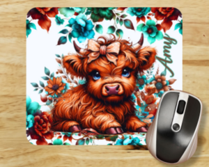 Personalized brown Highland cow mouse pad with teal flowers
Rustic farmhouse mouse pad with custom name by Tammi Oribello Designs
