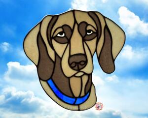 Weimaraner Stained Glass Suncatcher- shown with blue collar.
