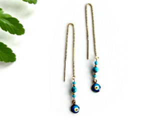 Blue evil eye threader earrings