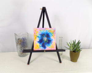 blue flower on pink background acrylic pour painting, 8" x 8" canvas by RainbowMaille