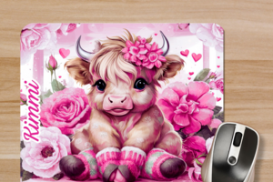Personalized pink Highland cow mouse pad with flowers
Custom cow mouse pad with name for desk décor. Handmade by Tammi Oribello Designs
