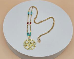 34x30mm 18k Gold-Plated Brass & cubic zirconia pendant with tiny natural turquoise and red coral beads on gold toned stainless steel chain