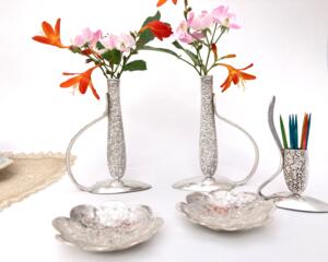 little vases and toothpick holder hand made from antique silverware Narcissus pattern, two fluted edge trinket tea bag dishes made from silverplated tray