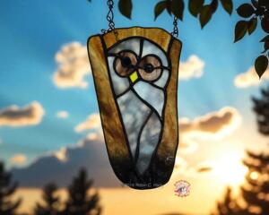 Barred Owl suncatcher made in shades of brown and grays.