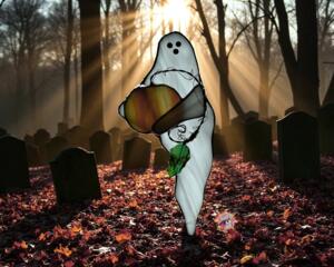 Ghost with Pumpkin stained glass suncatcher. Made of white and  orange glass with lamp worked glass leave accent.