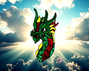 Dragon by Robin C. Hary made of red, green and yellow glass.