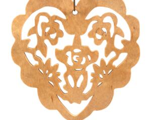 A handmade wooden Victorian-style fretwork floral heart Christmas tree ornament, featuring intricate cutout floral patterns in a heart shape, with a warm natural wood finish.