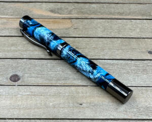 Custom black and blue swirled resin rollerball pen