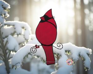 Winter Cardinal Stained Glass Suncatcher by Robin C. Hary, made of red and black glass, accented with copper wire and crystals. Approx 6" tall.