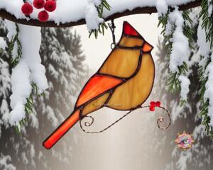 Female Cardinal Stained Glass Suncatcher by Robin C. Hary, made of rust, and light amber glass. Accented with crystals and copper wire.