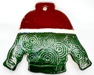 Ugly Christmas Sweater ornament, Striped Green Velvet - Ceramic Red up top and green metallic on the bottom separated by a white bar. 
